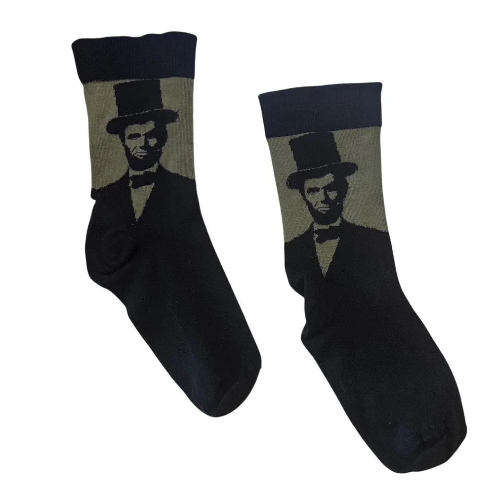 Mens Abraham Lincoln Graphic‎ Crew Socks Black Olive Green Novelty History Print